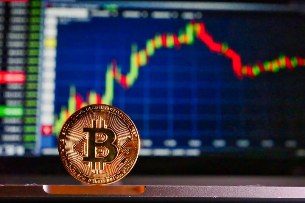 Text: Bitcoin and Ethereum icons overlaid on stock-style green upward chart
