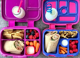 Healthy and fun kids lunch box with wraps, fruits, and muffins
