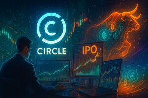 Circle’s USDC logo against stock-exchange screens showing stock ticker CRCL soaring